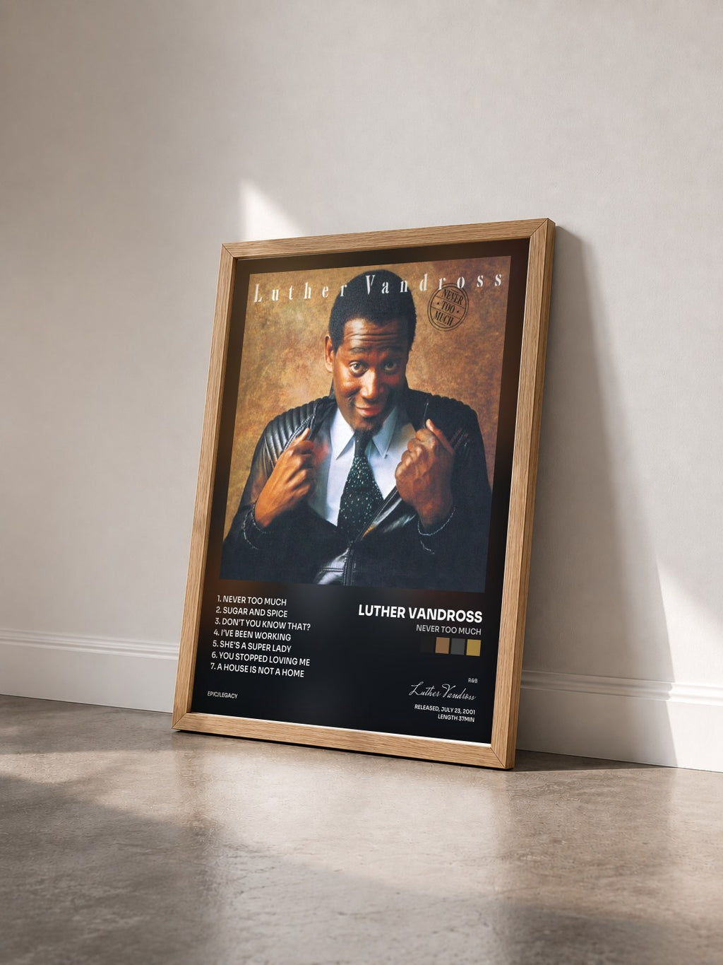 #bois Tableau de l'album Never Too Much de Luther Vandross vu de trois quarts, cadre en bois brut