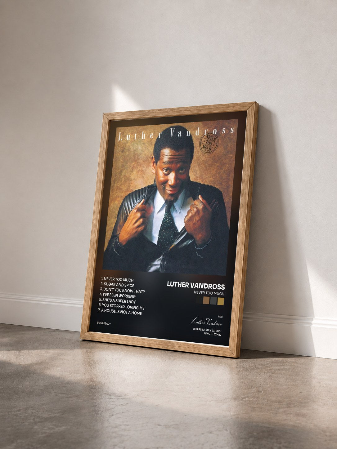 #bois Tableau de l'album Never Too Much de Luther Vandross vu de trois quarts, cadre en bois brut