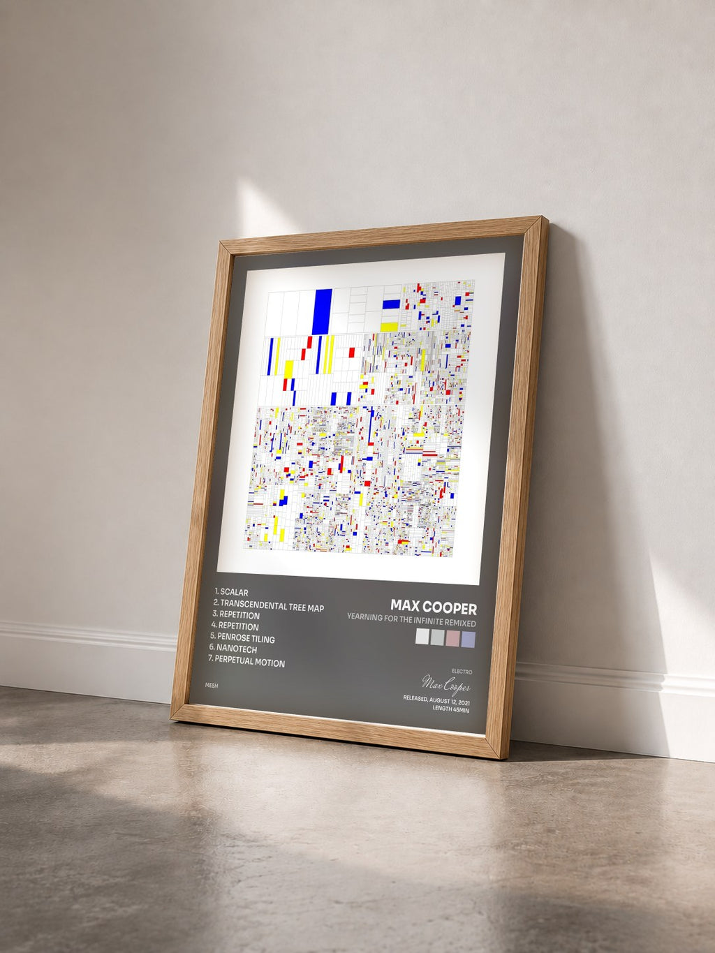 #bois Tableau de l'album Yearning for the Infinite Remixed de Max Cooper vu de trois quarts, cadre en bois brut