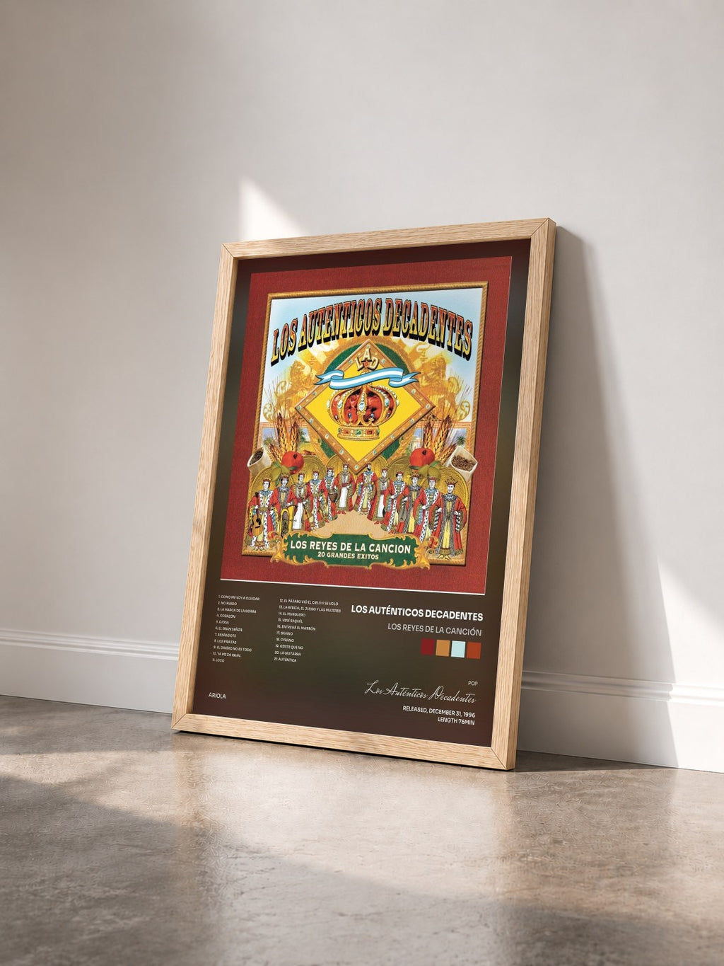 #bois Tableau de l'album Los Reyes de la Canción de Los Auténticos Decadentes vu de trois quarts, cadre en bois brut