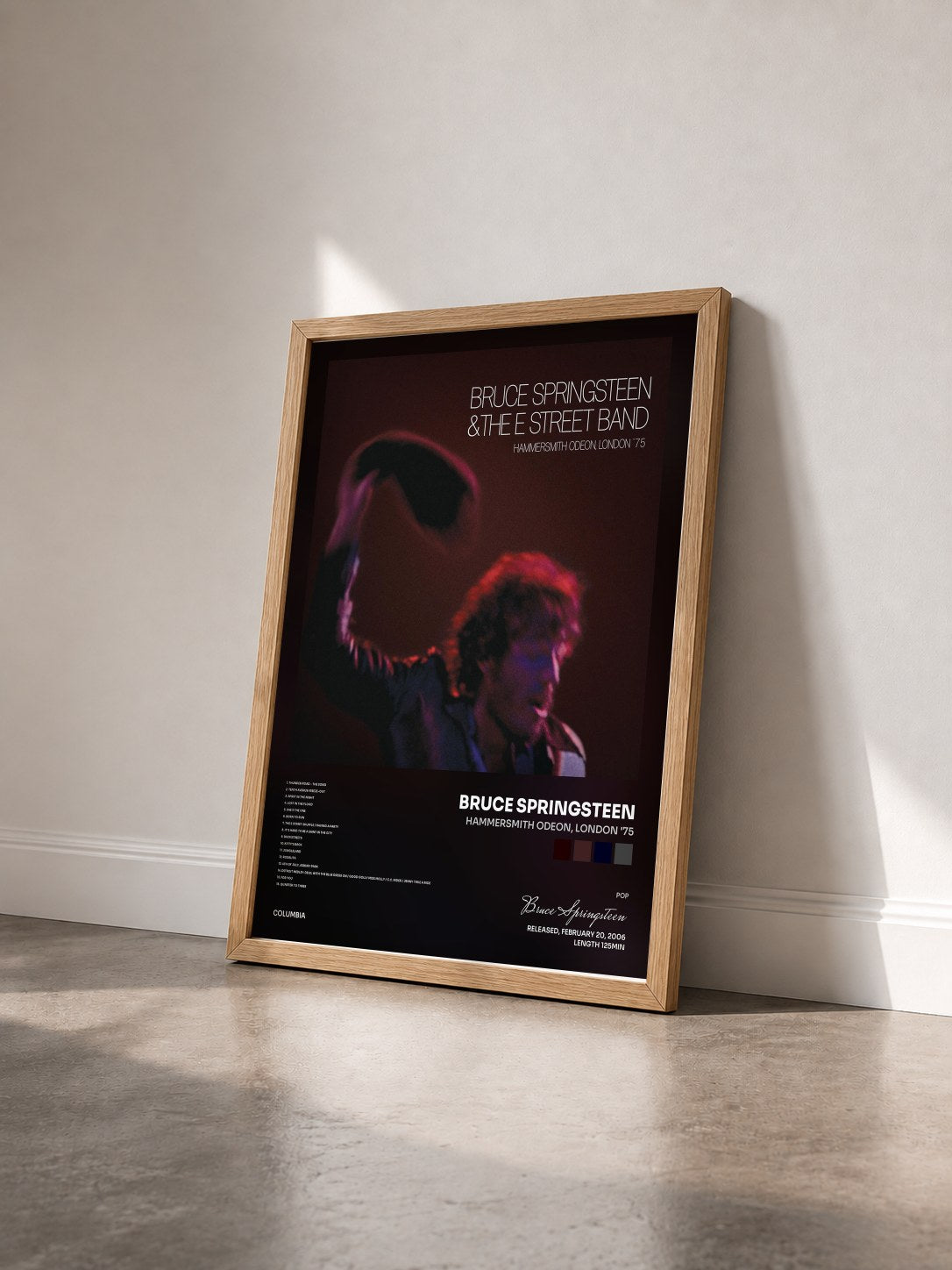 #bois Tableau de l'album Hammersmith Odeon, London '75 de Bruce Springsteen vu de trois quarts, cadre en bois brut