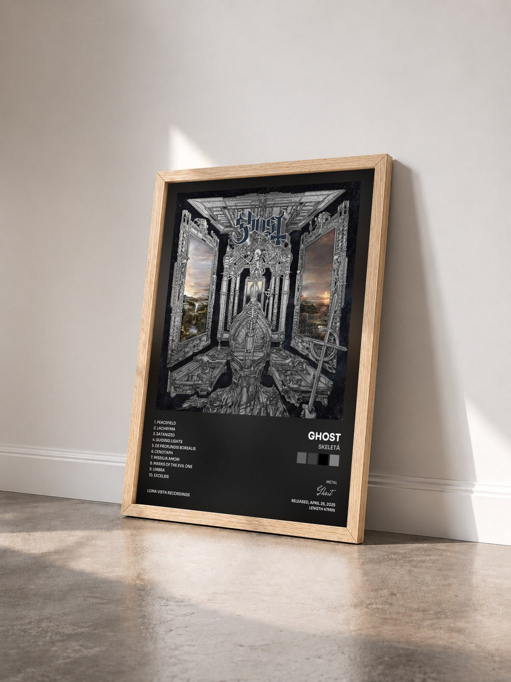 #bois Tableau de l'album Skeletá de Ghost vu de trois quarts, cadre en bois brut