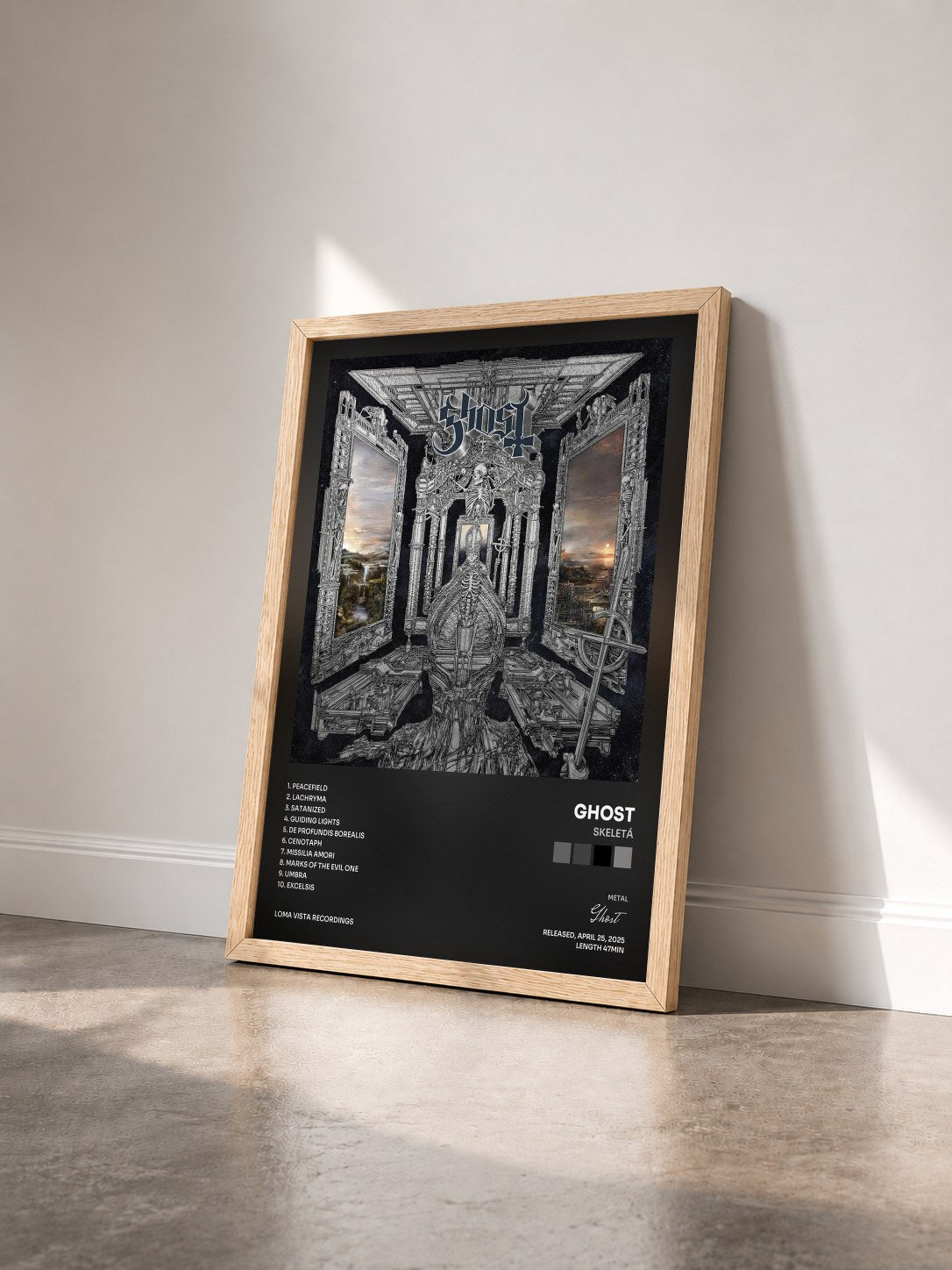 #bois Tableau de l'album Skeletá de Ghost vu de trois quarts, cadre en bois brut