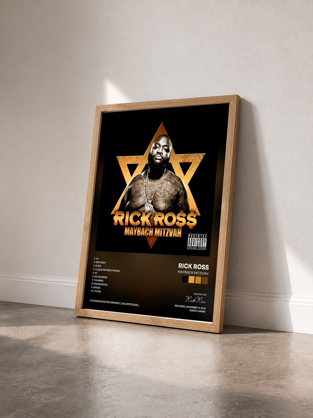 #bois Tableau de l'album Mayback Mitzvah de Rick Ross vu de trois quarts, cadre en bois brut