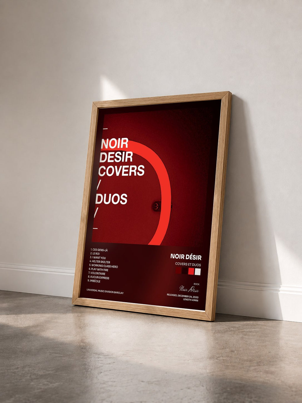 #bois Tableau de l'album Covers et duos de Noir Désir vu de trois quarts, cadre en bois brut
