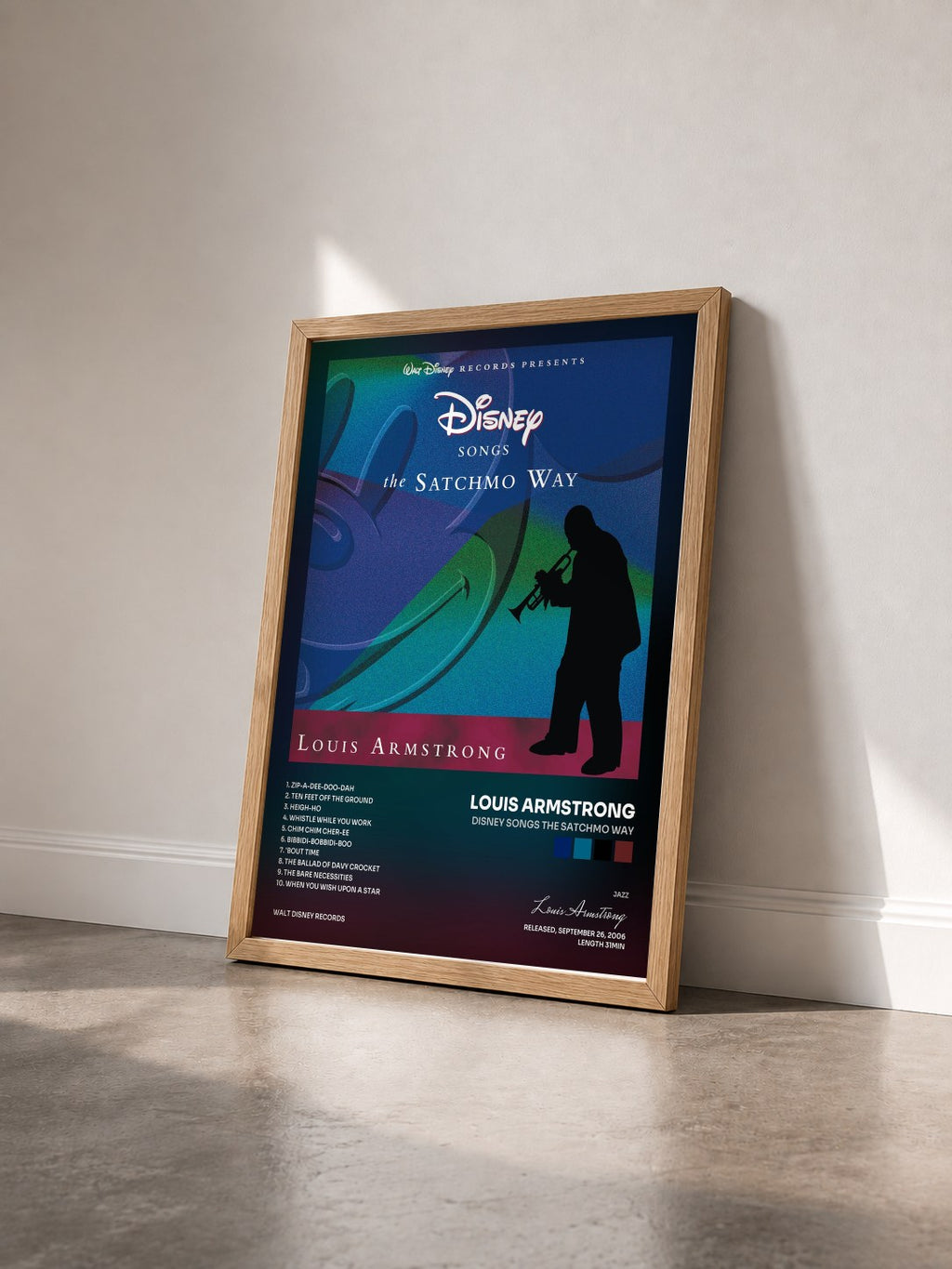 #bois Tableau de l'album Disney Songs The Satchmo Way de Louis Armstrong vu de trois quarts, cadre en bois brut