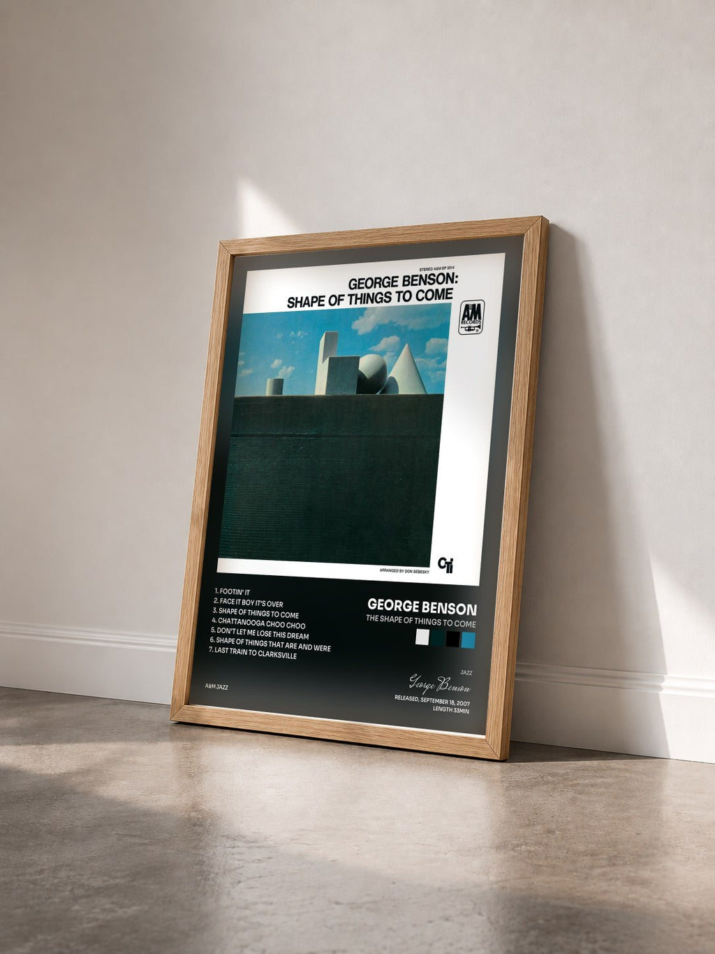 #bois Tableau de l'album The Shape Of Things To Come de George Benson vu de trois quarts, cadre en bois brut
