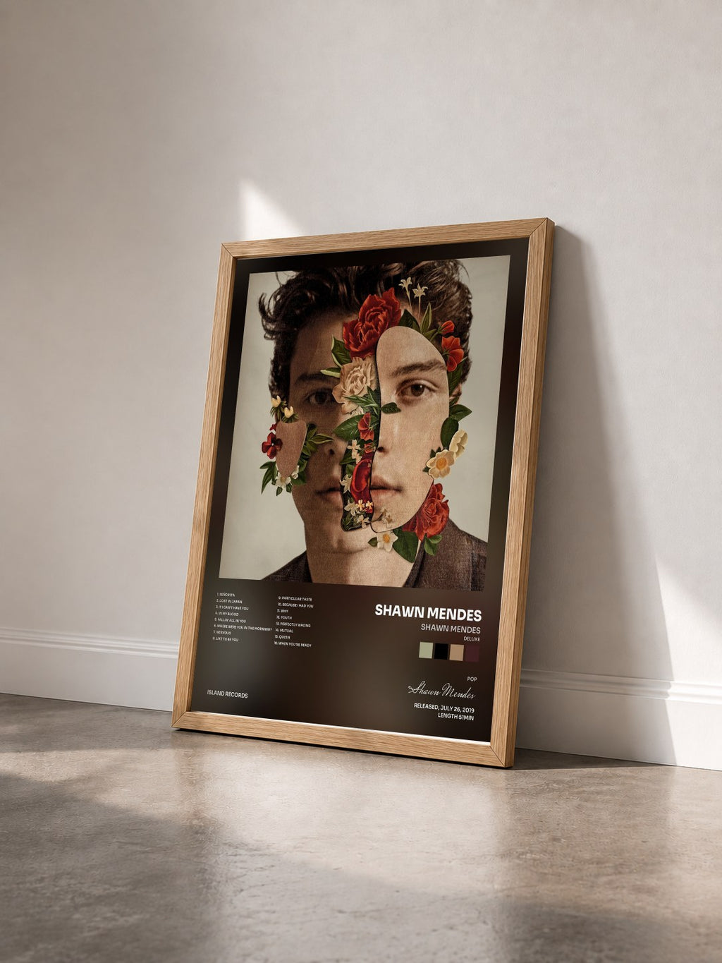 #bois Tableau de l'album Shawn Mendes (Deluxe) de Shawn Mendes vu de trois quarts, cadre en bois brut