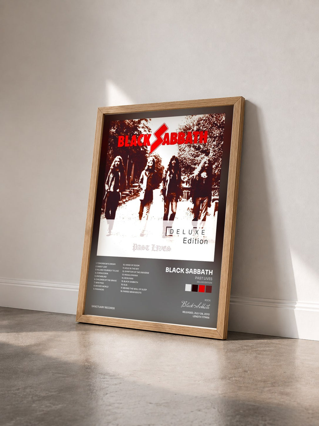 #bois Tableau de l'album Past Lives (Deluxe Edition) de Black Sabbath vu de trois quarts, cadre en bois brut