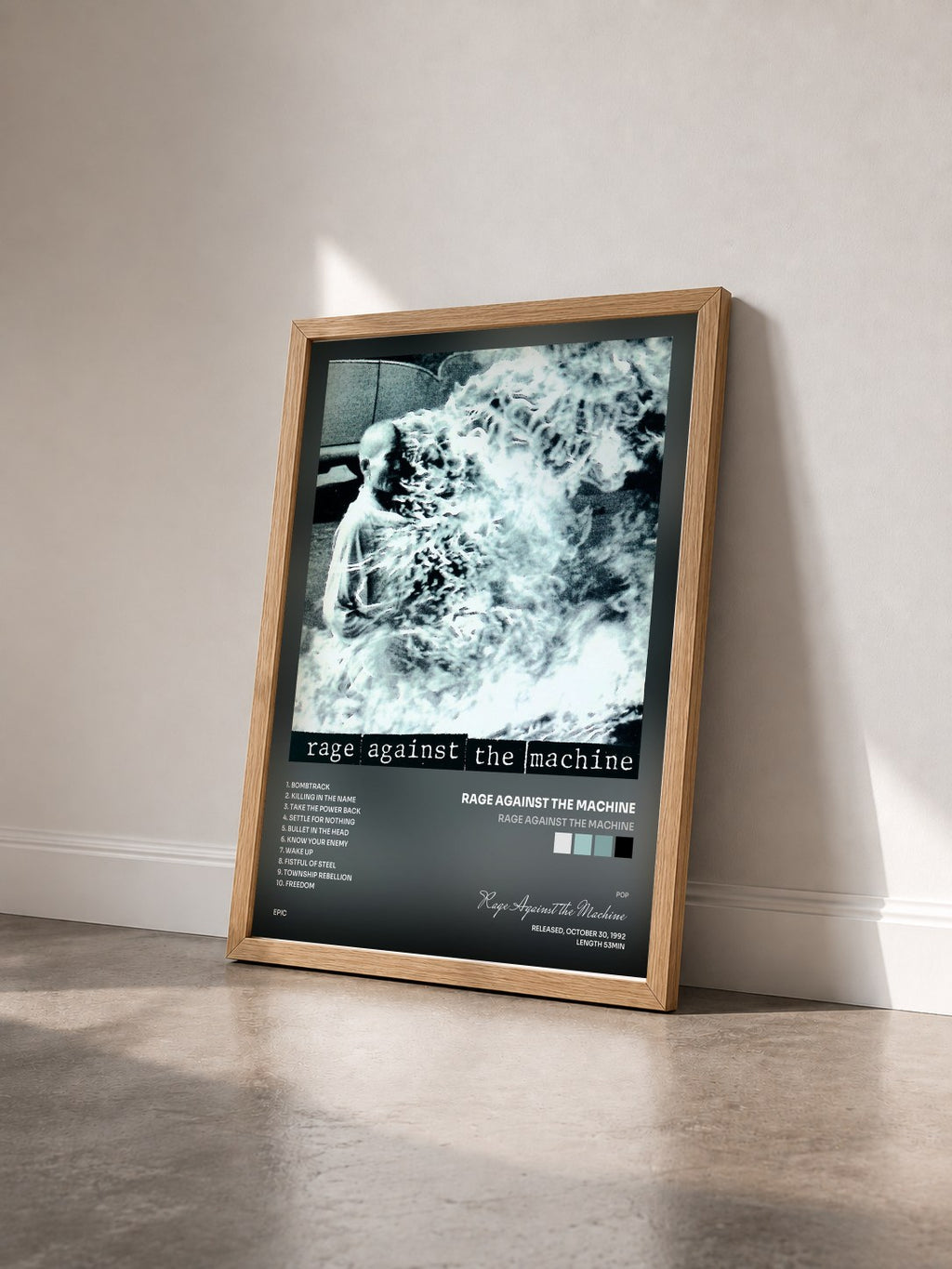 #bois Tableau de l'album Rage Against The Machine de Rage Against the Machine vu de trois quarts, cadre en bois brut