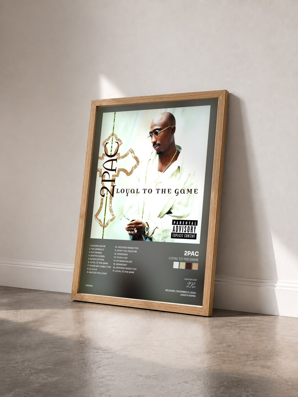 #bois Tableau de l'album Loyal To The Game de 2Pac vu de trois quarts, cadre en bois brut