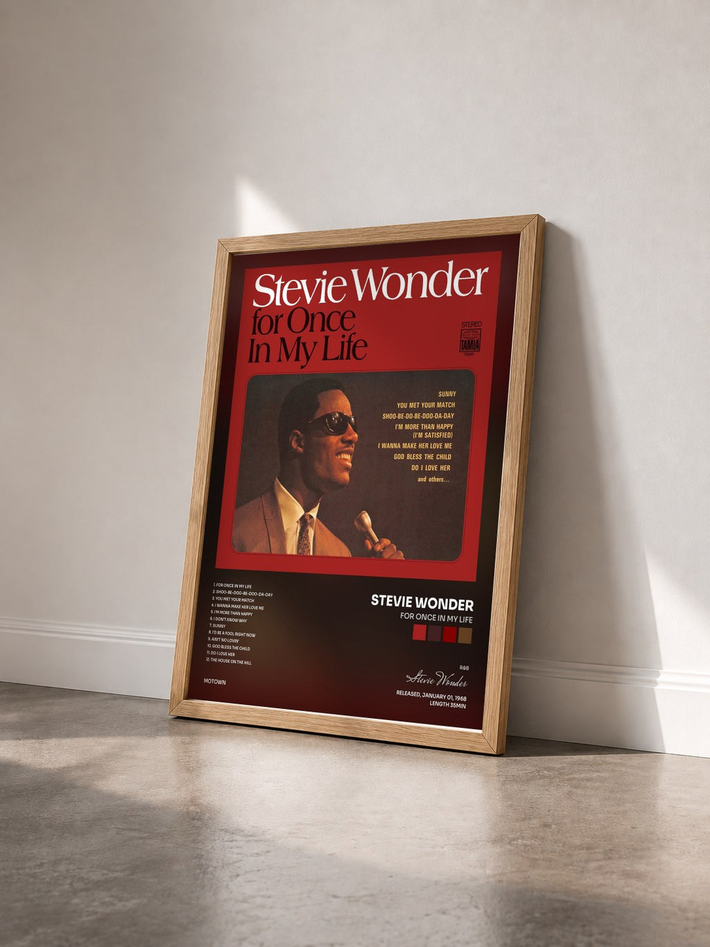 #bois Tableau de l'album For Once In My Life de Stevie Wonder vu de trois quarts, cadre en bois brut