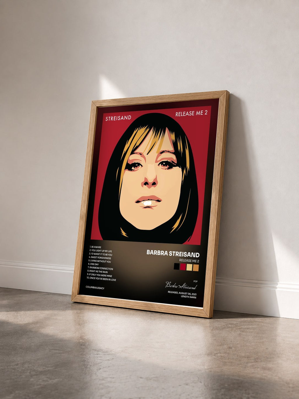 #bois Tableau de l'album Release Me 2 de Barbra Streisand vu de trois quarts, cadre en bois brut