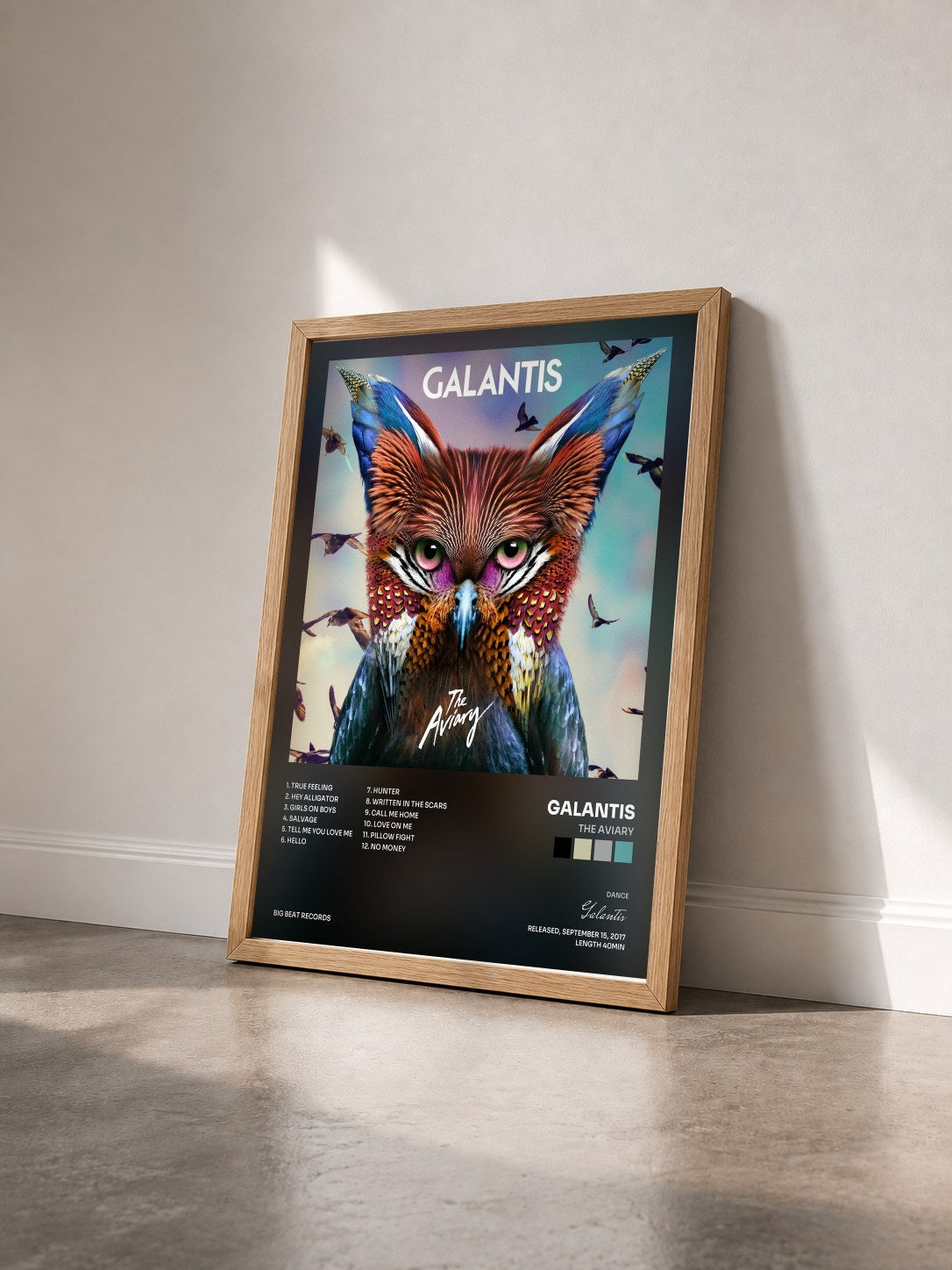 #bois Tableau de l'album The Aviary de Galantis vu de trois quarts, cadre en bois brut