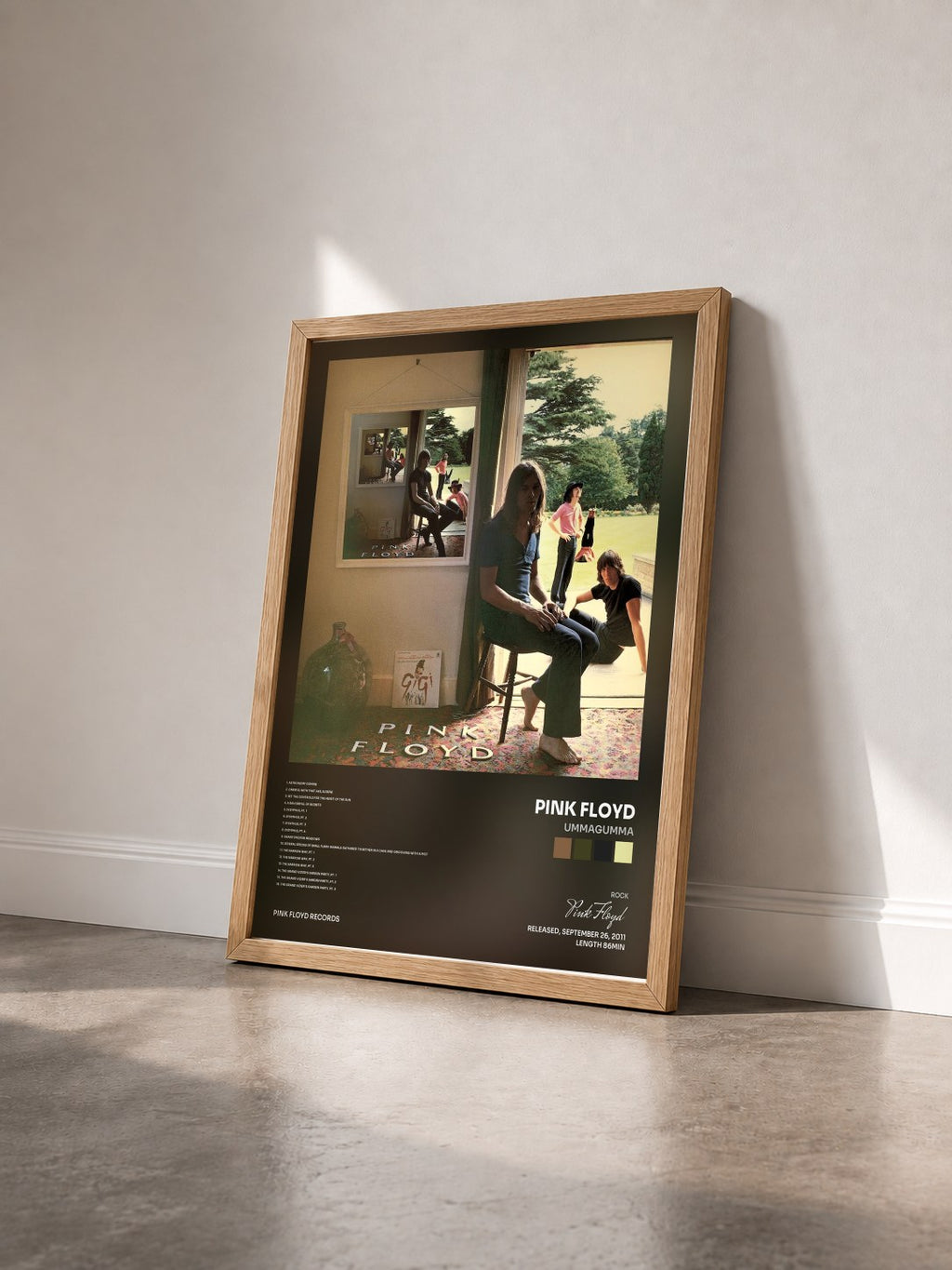 #bois Tableau de l'album Ummagumma de Pink Floyd vu de trois quarts, cadre en bois brut