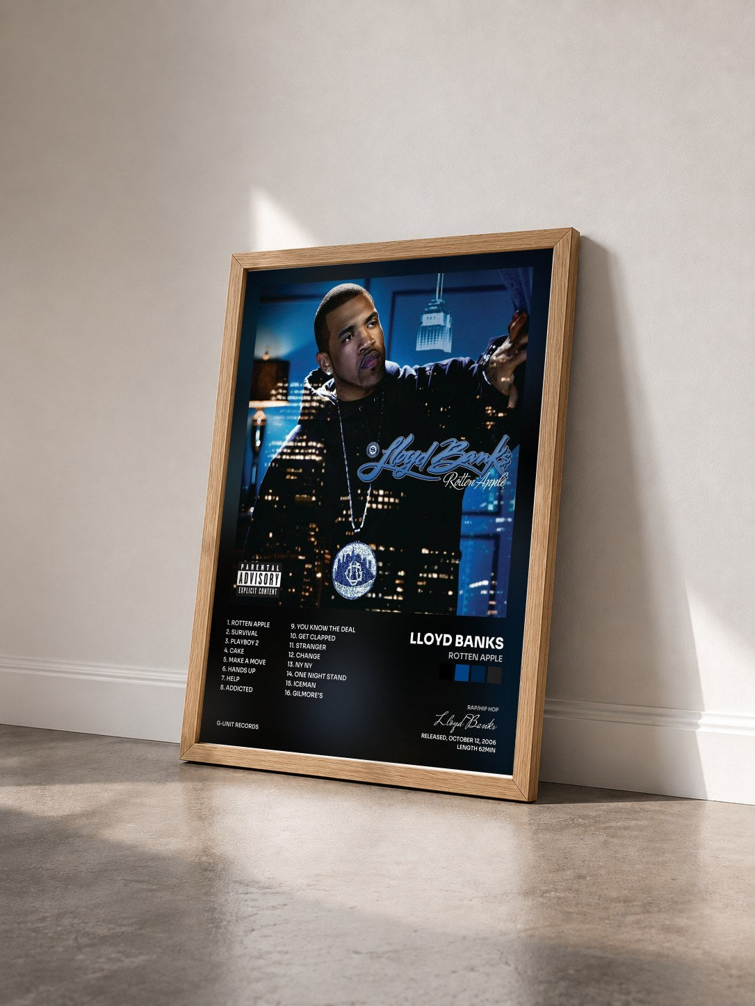 #bois Tableau de l'album Rotten Apple de Lloyd Banks vu de trois quarts, cadre en bois brut