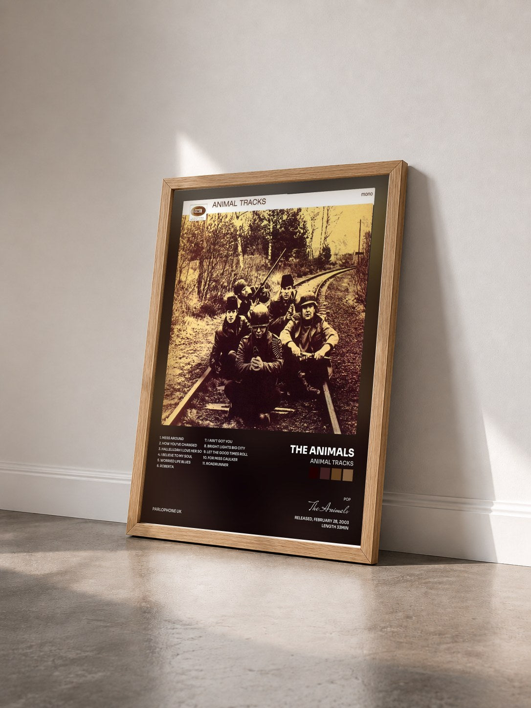 #bois Tableau de l'album Animal Tracks de The Animals vu de trois quarts, cadre en bois brut
