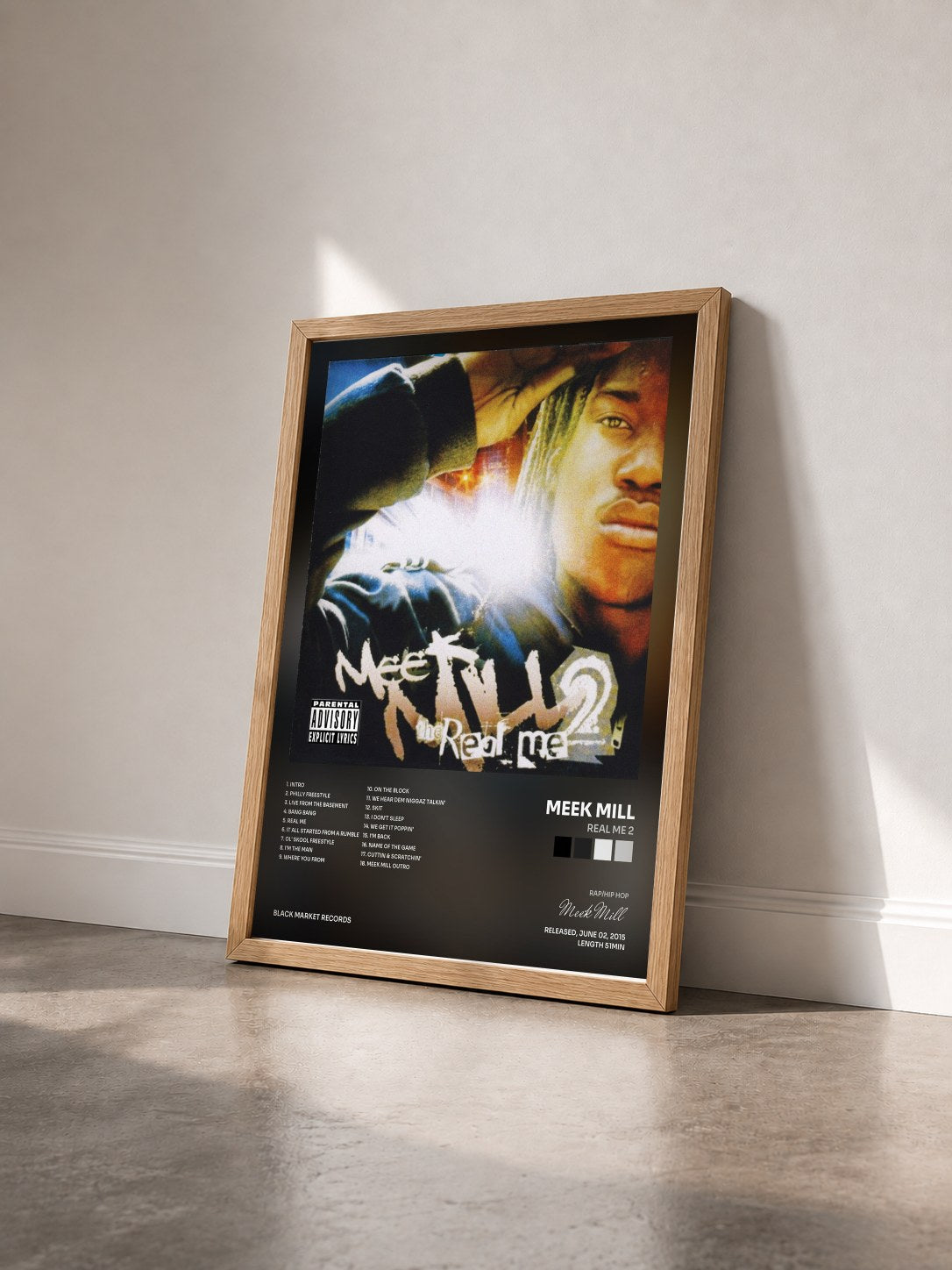 #bois Tableau de l'album Real Me 2 de Meek Mill vu de trois quarts, cadre en bois brut