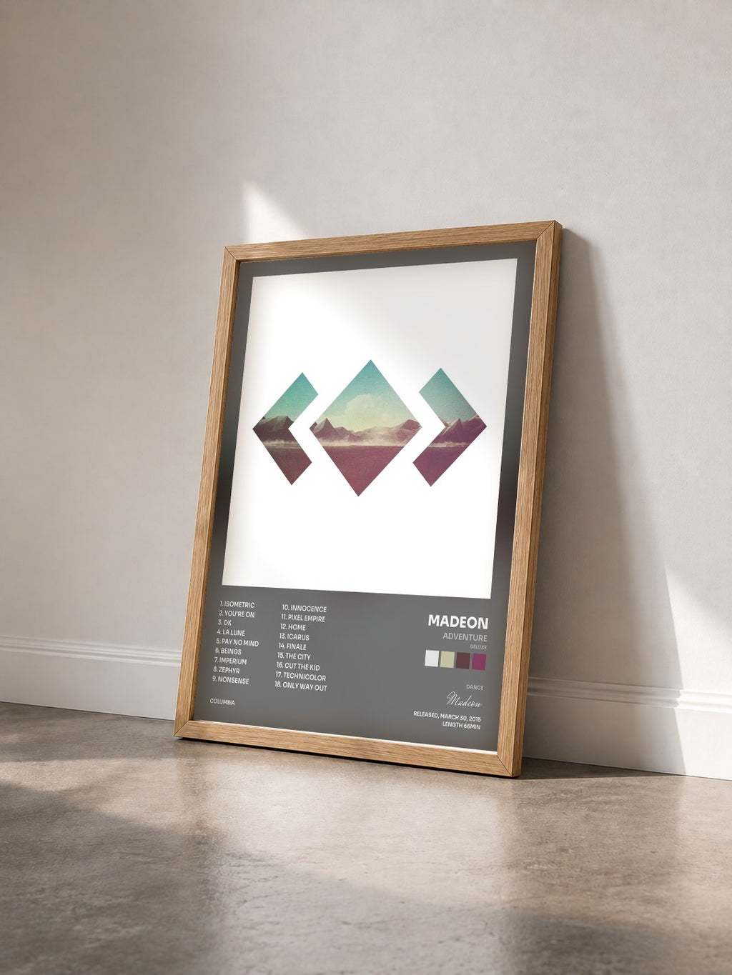 #bois Tableau de l'album Adventure (Deluxe) de Madeon vu de trois quarts, cadre en bois brut