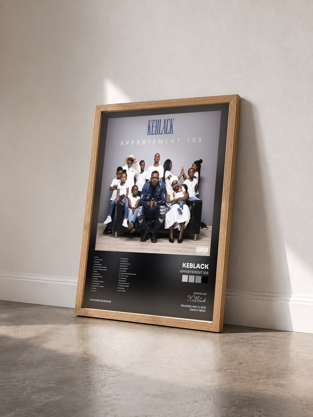 #bois Tableau de l'album Appartement 105 de KeBlack vu de trois quarts, cadre en bois brut