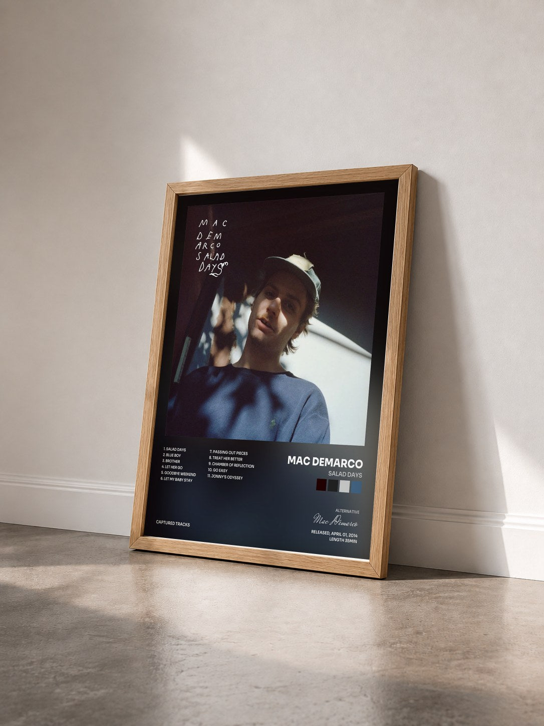 #bois Tableau de l'album Salad Days de Mac Demarco vu de trois quarts, cadre en bois brut