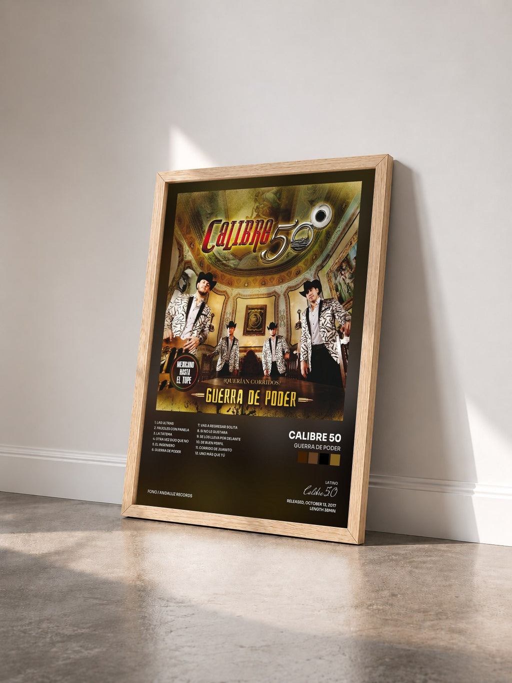 #bois Tableau de l'album Guerra De Poder de Calibre 50 vu de trois quarts, cadre en bois brut