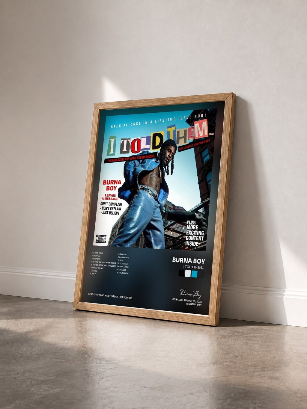 #bois Tableau de l'album I Told Them... de Burna Boy vu de trois quarts, cadre en bois brut