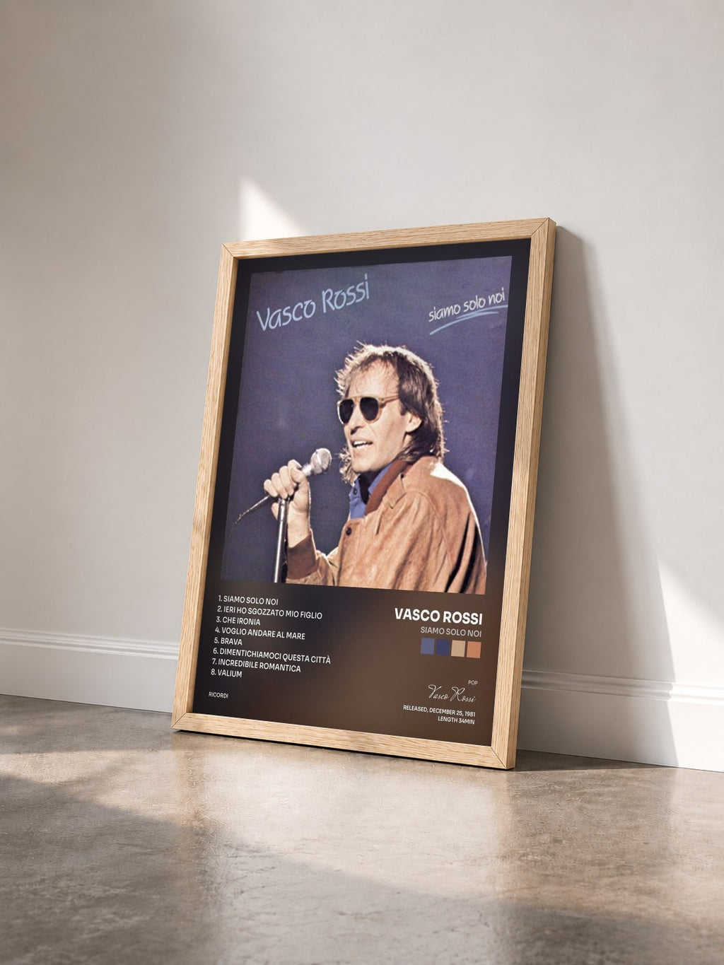 #bois Tableau de l'album Siamo Solo Noi de Vasco Rossi vu de trois quarts, cadre en bois brut