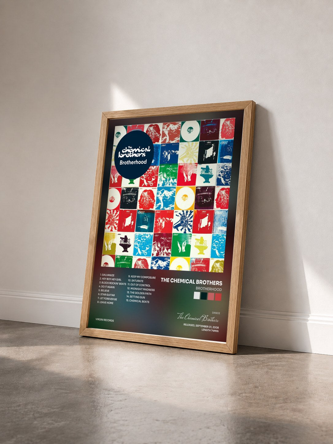 #bois Tableau de l'album Brotherhood de The Chemical Brothers vu de trois quarts, cadre en bois brut