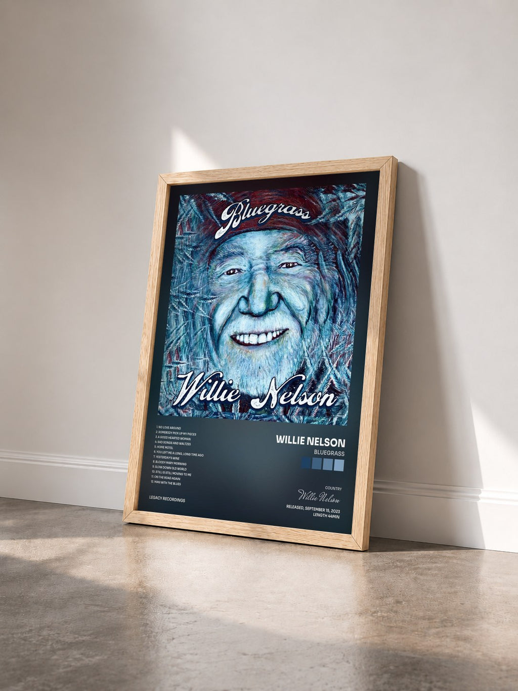 #bois Tableau de l'album Bluegrass de Willie Nelson vu de trois quarts, cadre en bois brut