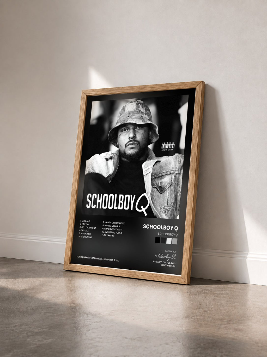 #bois Tableau de l'album Schoolboy Q de Schoolboy Q vu de trois quarts, cadre en bois brut