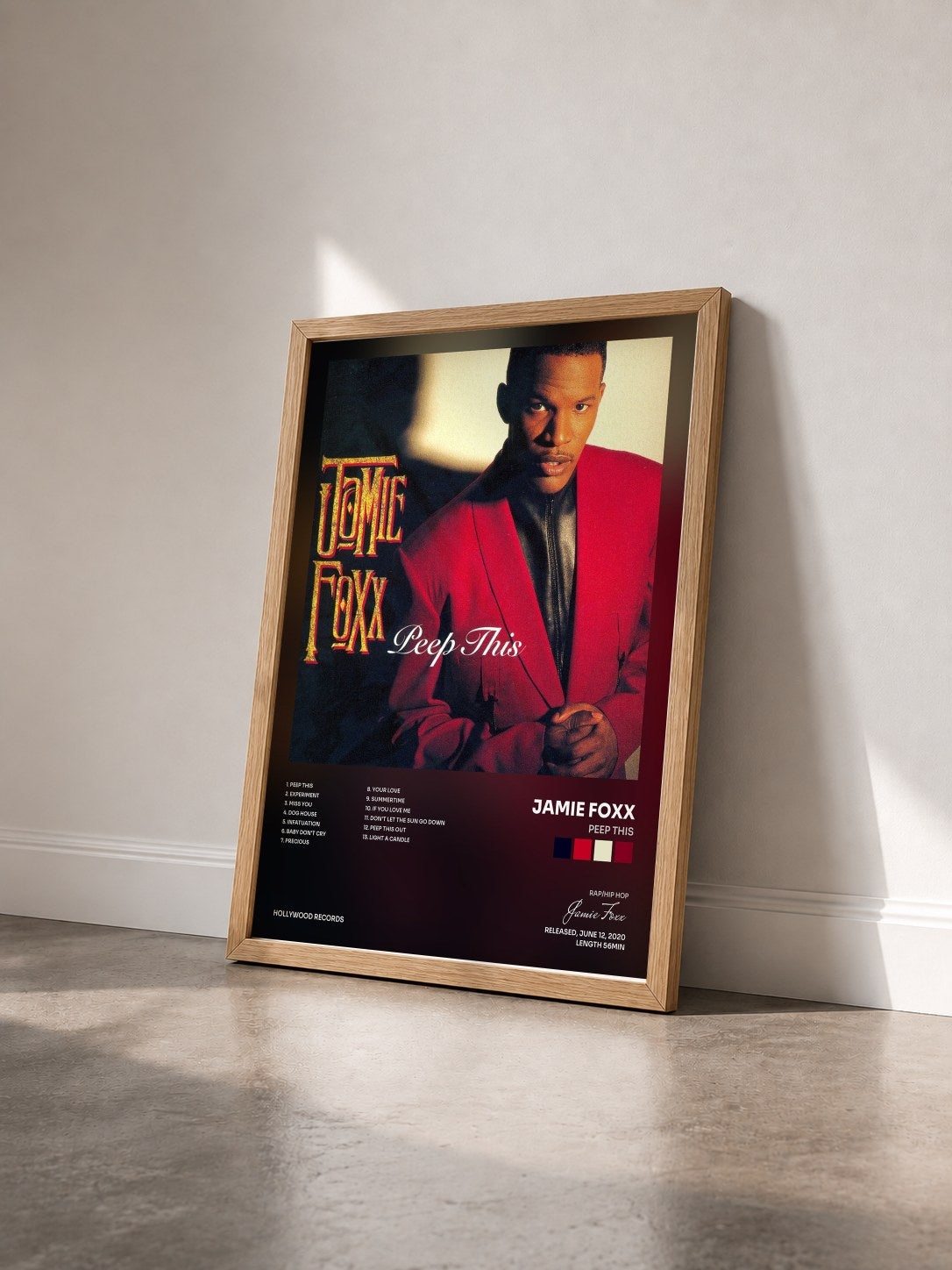 #bois Tableau de l'album Peep This de Jamie Foxx vu de trois quarts, cadre en bois brut