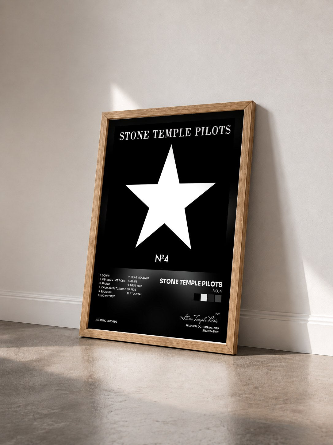 #bois Tableau de l'album No. 4 de Stone Temple Pilots vu de trois quarts, cadre en bois brut