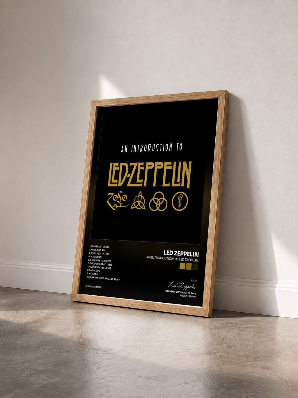 #bois Tableau de l'album An Introduction to Led Zeppelin de Led Zeppelin vu de trois quarts, cadre en bois brut