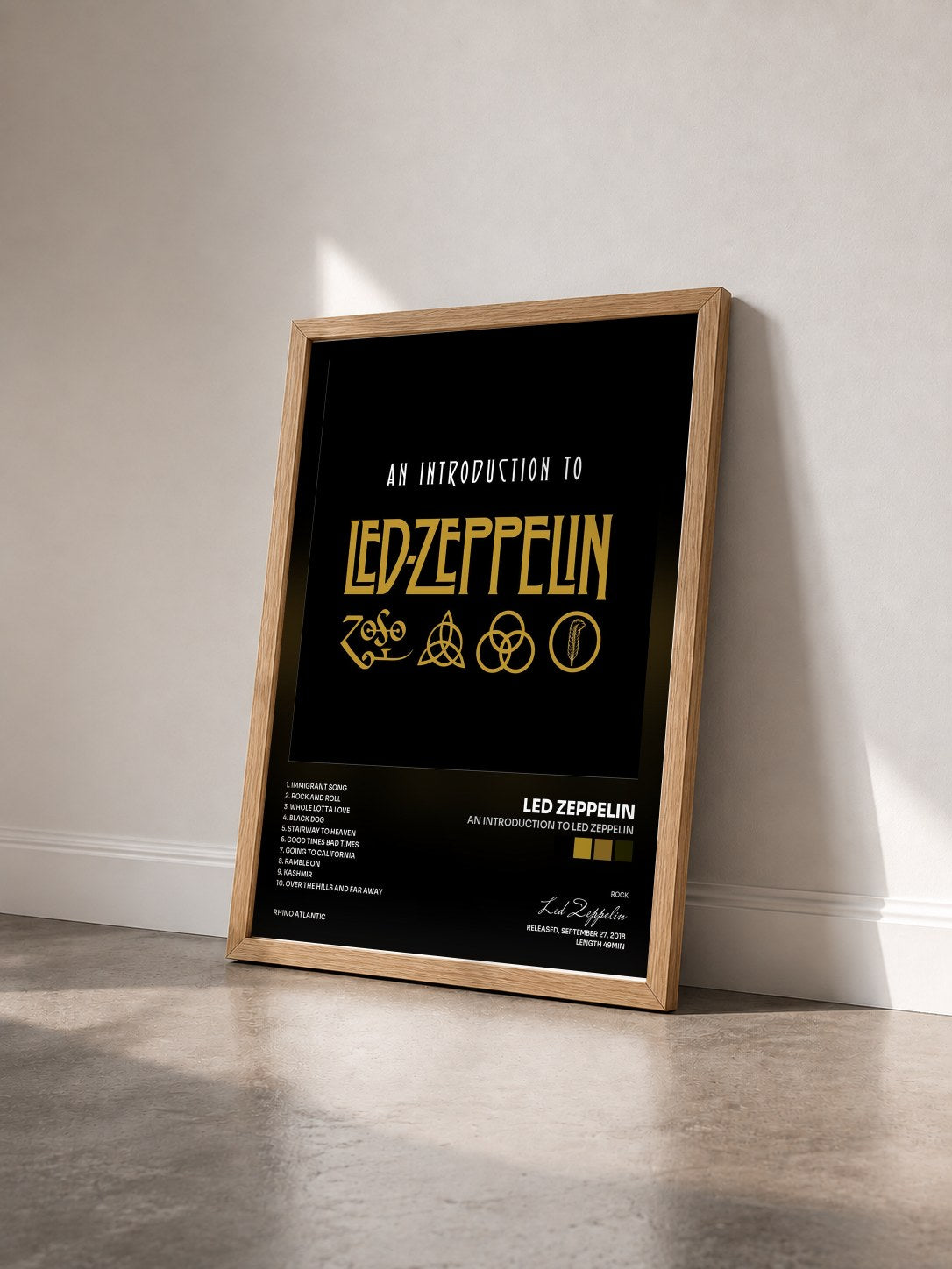 #bois Tableau de l'album An Introduction to Led Zeppelin de Led Zeppelin vu de trois quarts, cadre en bois brut