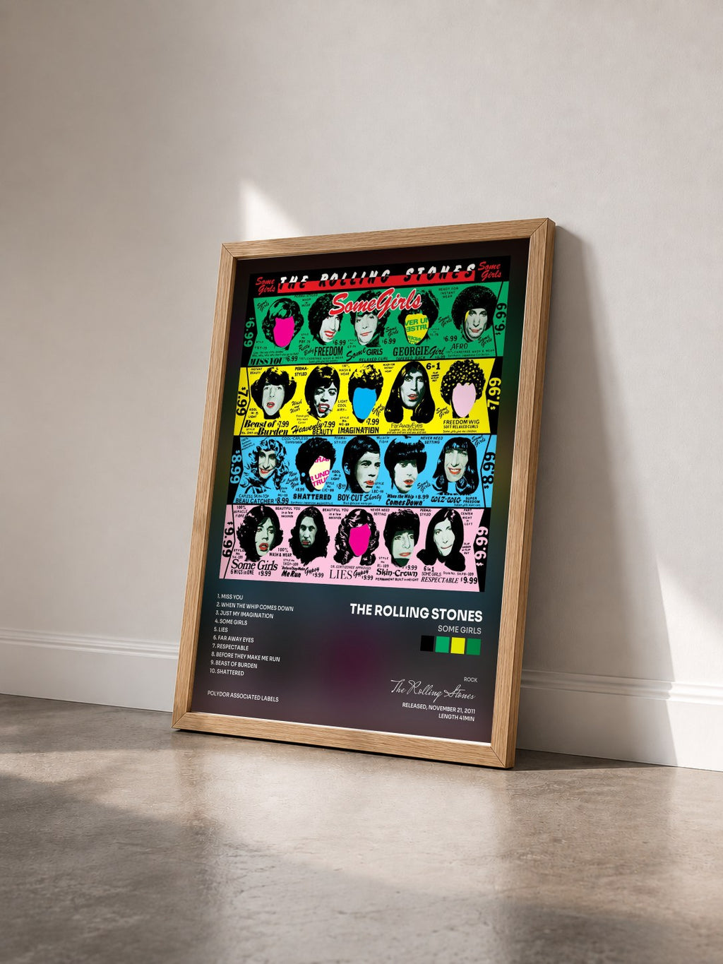 #bois Tableau de l'album Some Girls de The Rolling Stones vu de trois quarts, cadre en bois brut