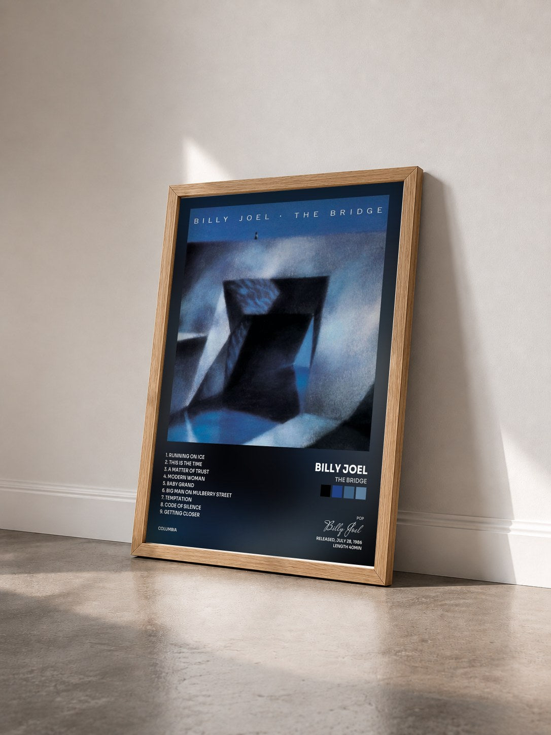 #bois Tableau de l'album The Bridge de Billy Joel vu de trois quarts, cadre en bois brut