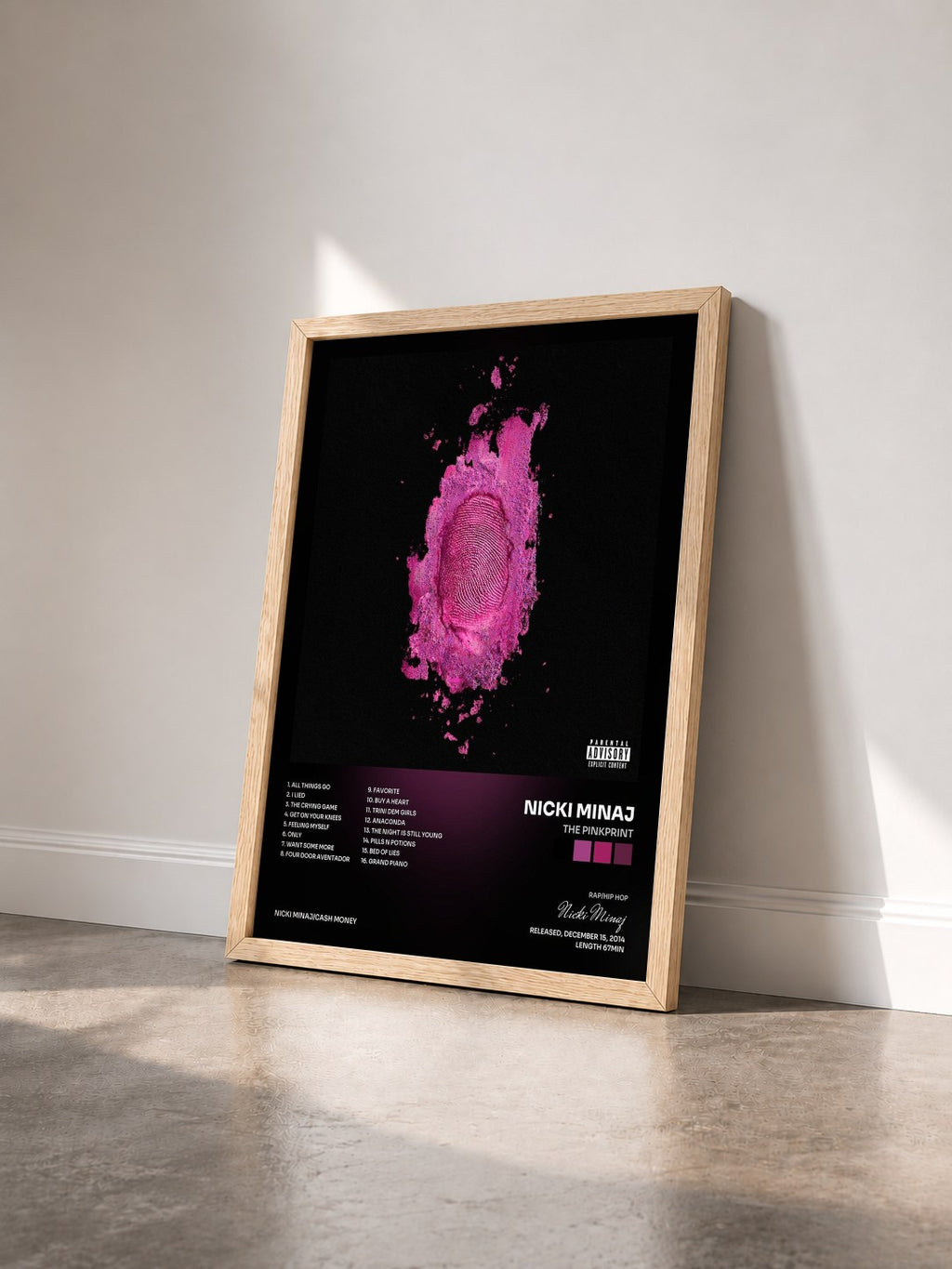 #bois Tableau de l'album The Pinkprint de Nicki Minaj vu de trois quarts, cadre en bois brut