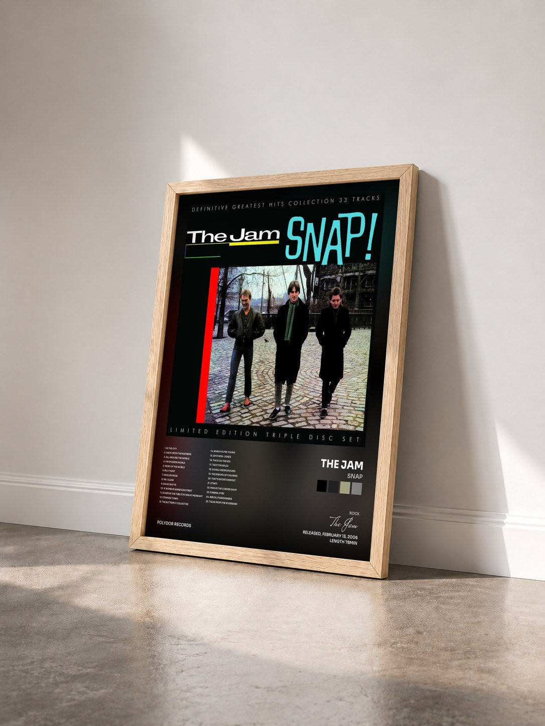 #bois Tableau de l'album Snap de The Jam vu de trois quarts, cadre en bois brut
