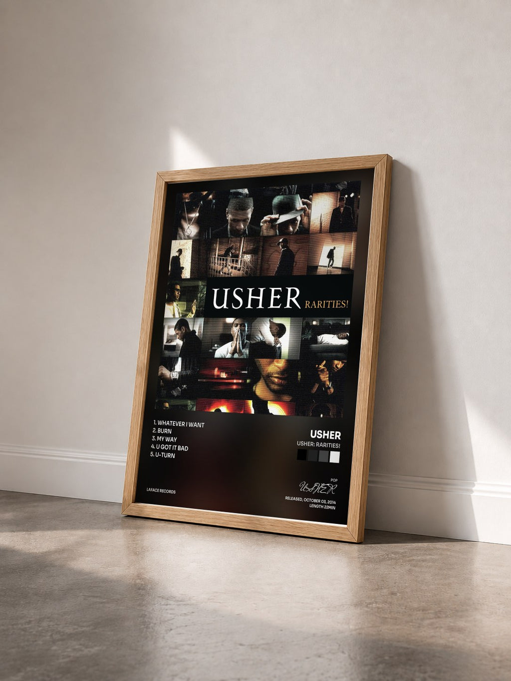 #bois Tableau de l'album Usher: Rarities! de USHER vu de trois quarts, cadre en bois brut