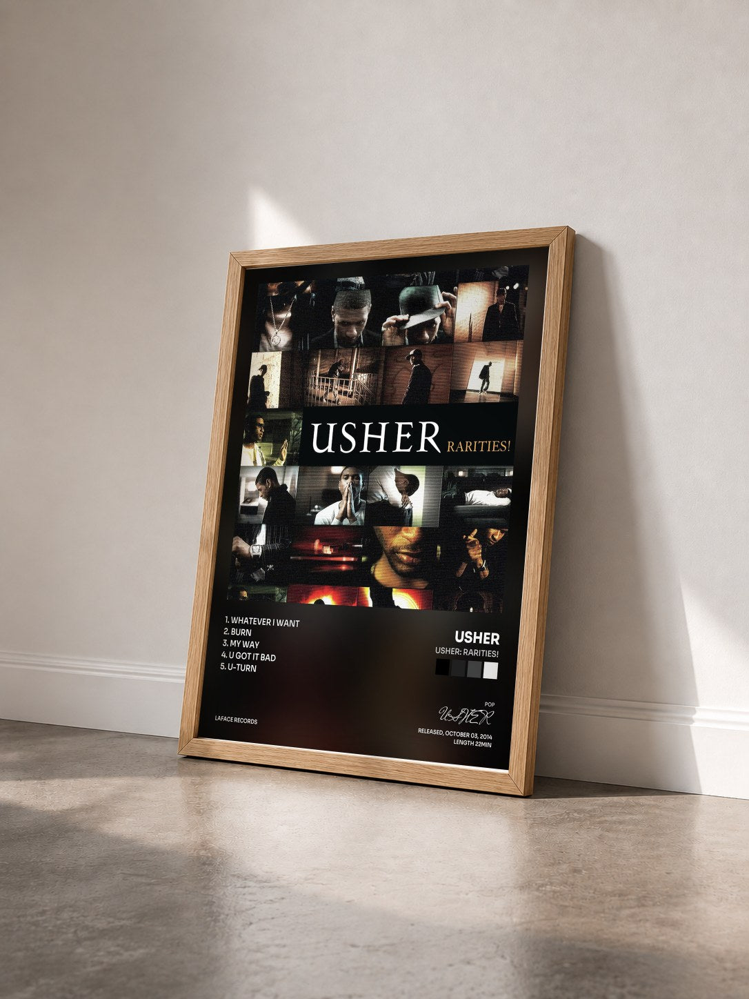 #bois Tableau de l'album Usher: Rarities! de USHER vu de trois quarts, cadre en bois brut