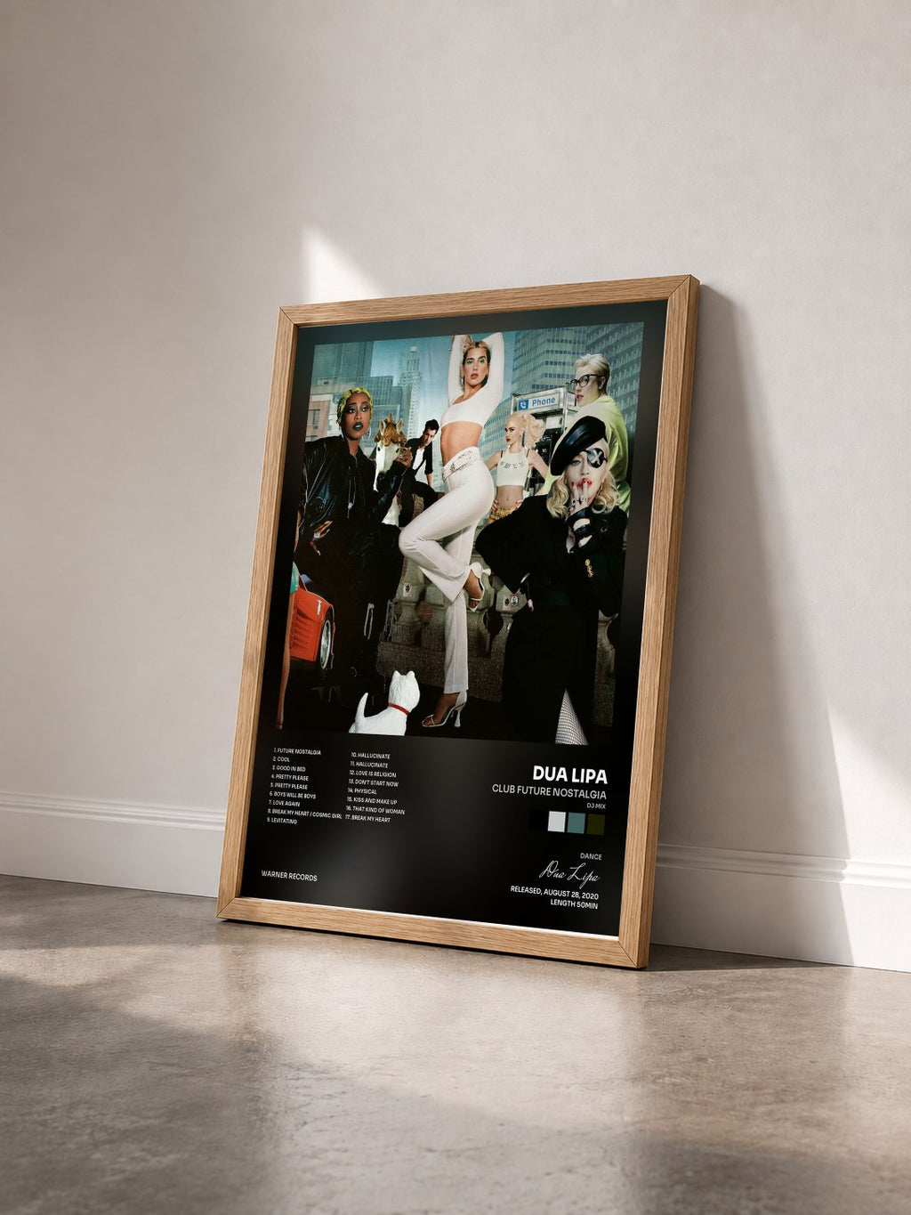 #bois Tableau de l'album Club Future Nostalgia (DJ Mix) de Dua Lipa vu de trois quarts, cadre en bois brut