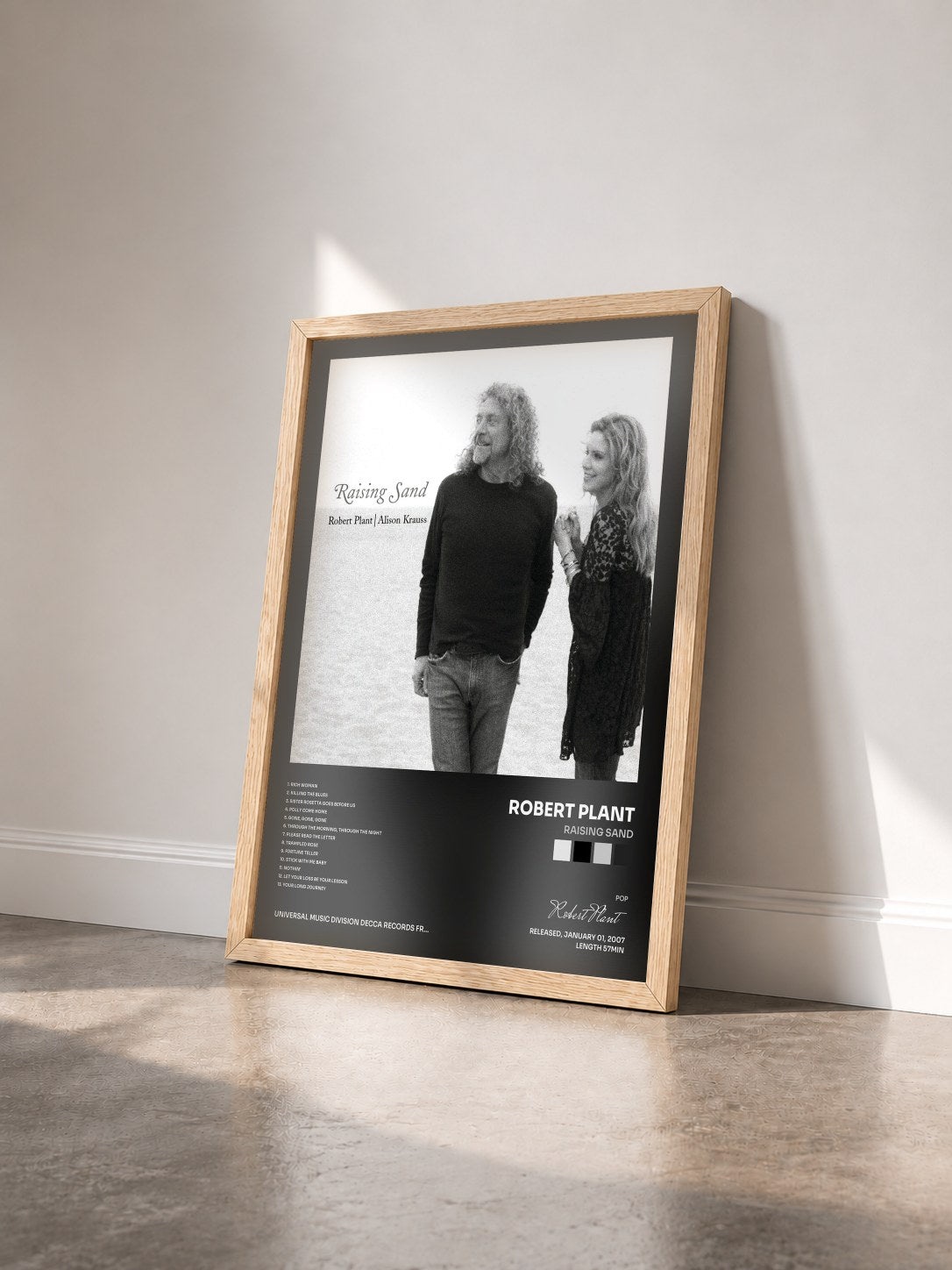#bois Tableau de l'album Raising Sand de Robert Plant vu de trois quarts, cadre en bois brut