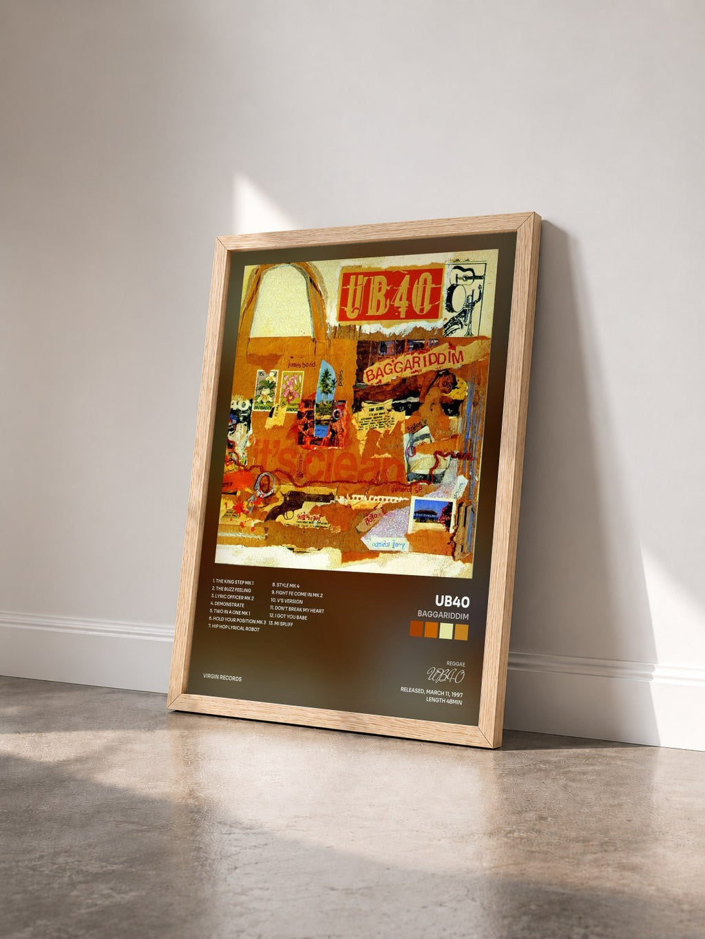 #bois Tableau de l'album Baggariddim de UB40 vu de trois quarts, cadre en bois brut