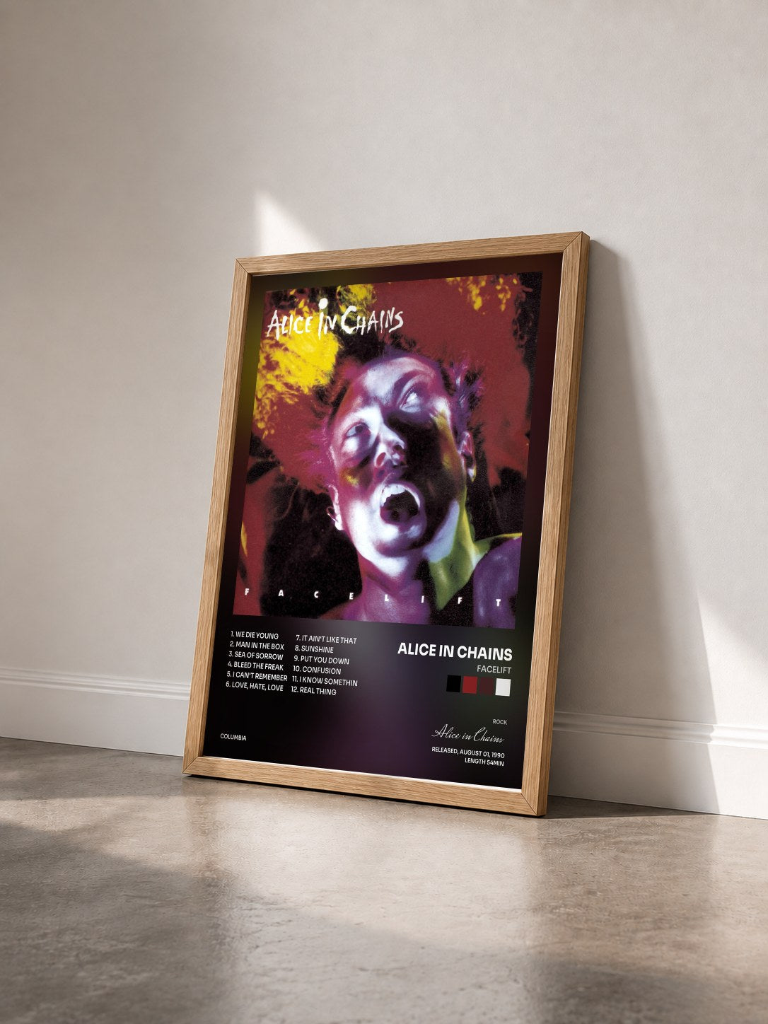 #bois Tableau de l'album Facelift de Alice in Chains vu de trois quarts, cadre en bois brut