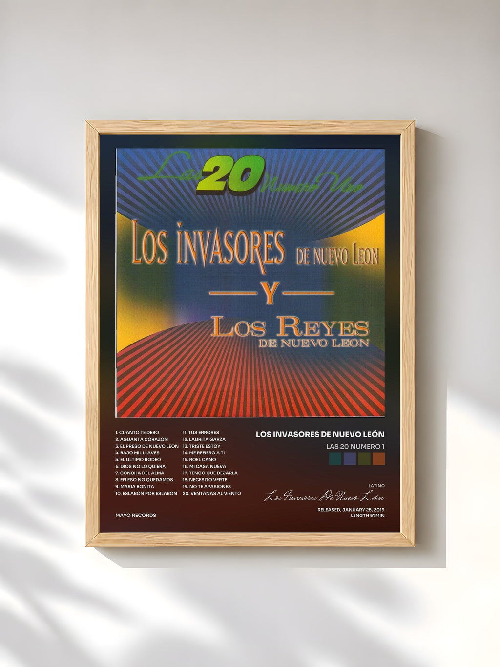 #bois Tableau de l'album Las 20 Numero 1 de Los Invasores De Nuevo León, cadre en bois brut, imprimé et encadré en France