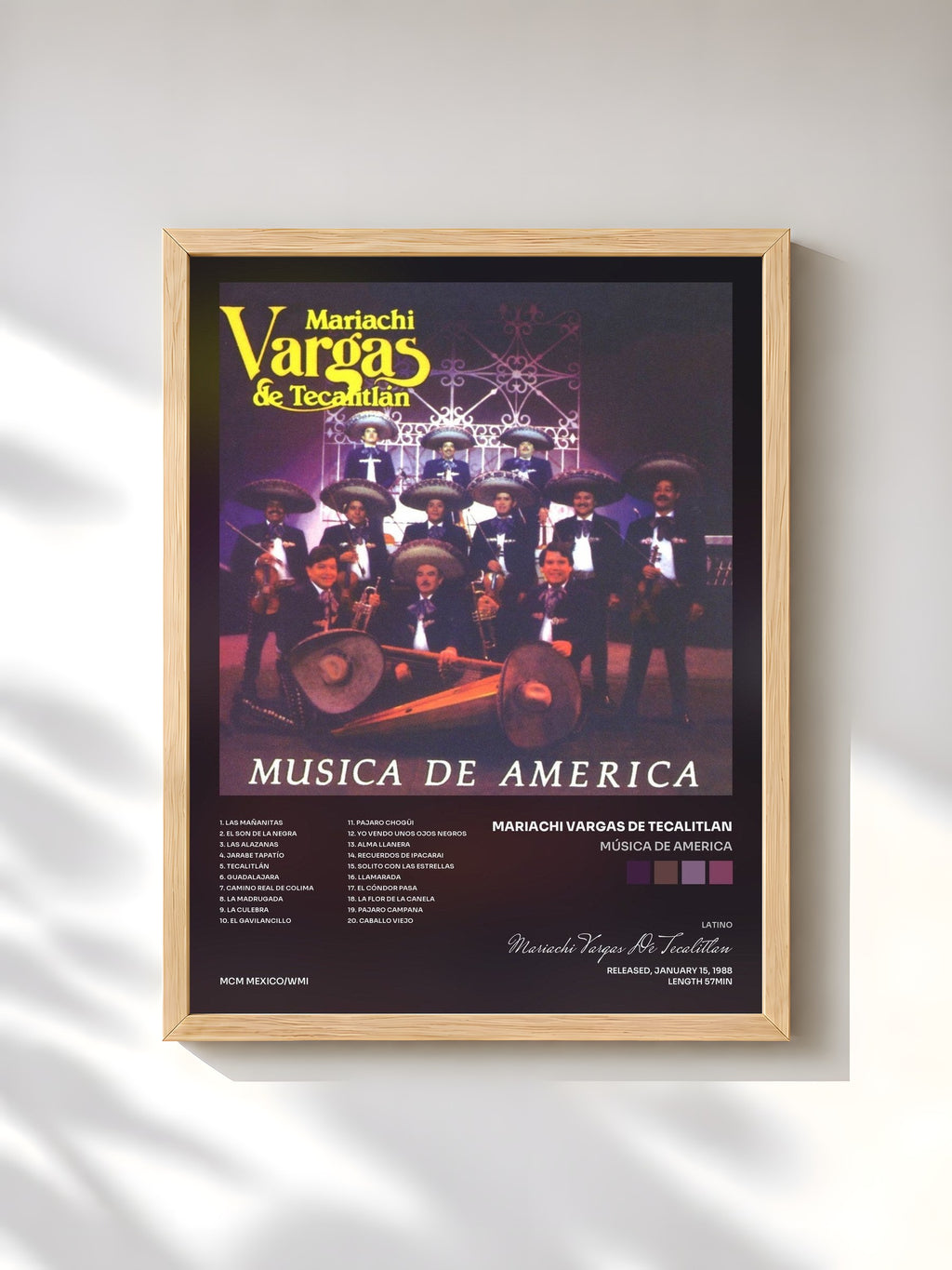 #bois Tableau de l'album Música de America de Mariachi Vargas De Tecalitlan, cadre en bois brut, imprimé et encadré en France