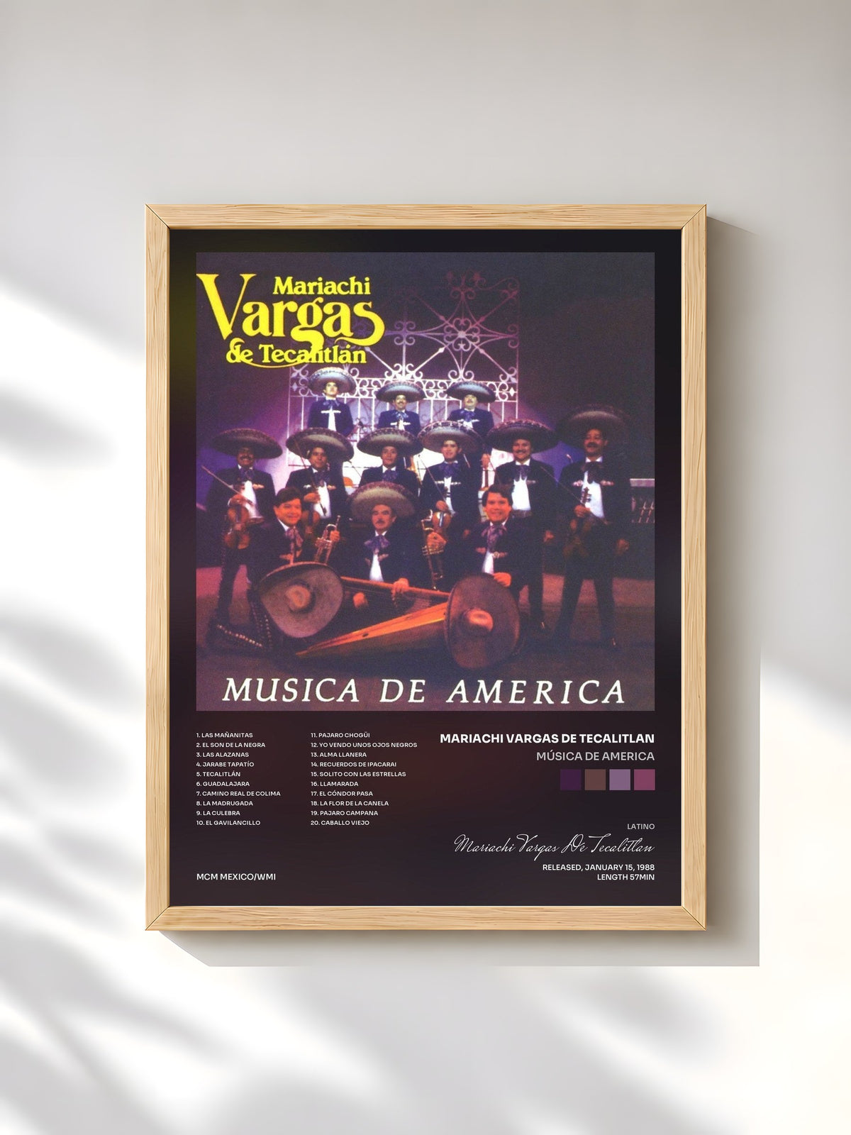 #bois Tableau de l'album Música de America de Mariachi Vargas De Tecalitlan, cadre en bois brut, imprimé et encadré en France