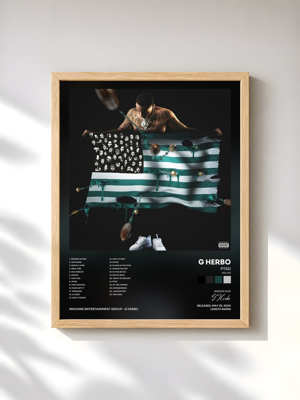 #bois Tableau de l'album PTSD (Deluxe) de G Herbo, cadre en bois brut, imprimé et encadré en France