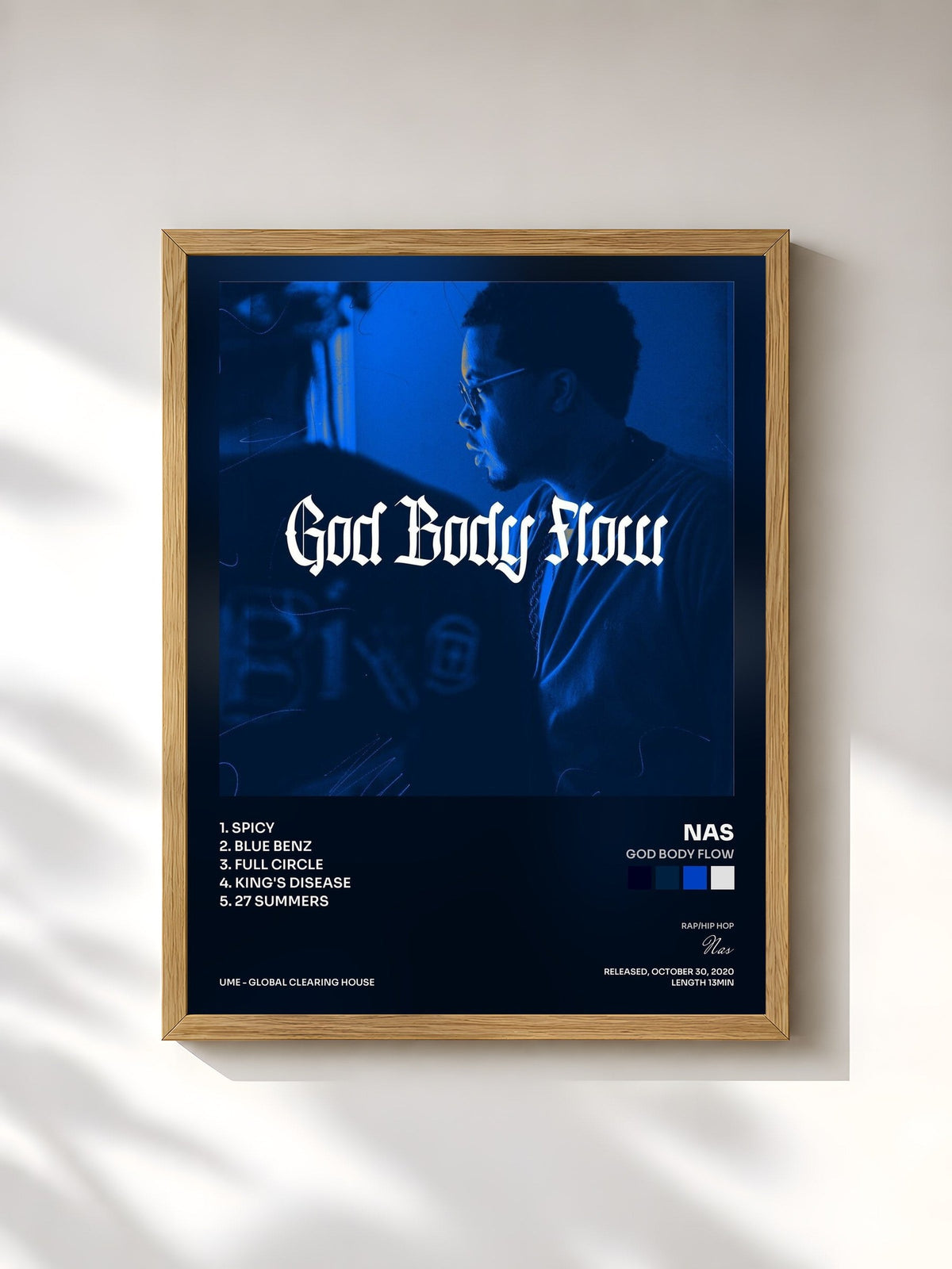 #bois Tableau de l'album God Body Flow de Nas, cadre en bois brut, imprimé et encadré en France